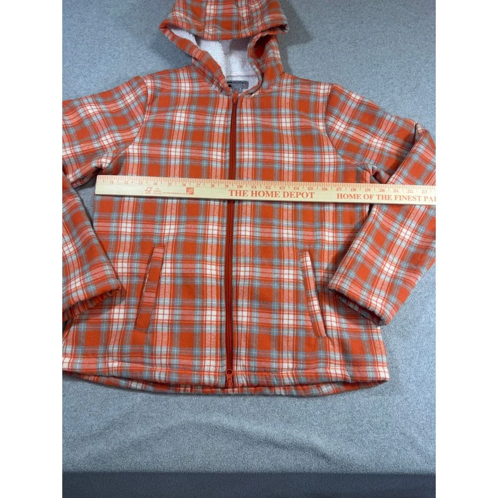 Riding Sport Sherpa Lined Plaid Hooded Jacket Women Small Orange Full Zip Fleece